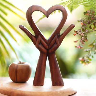 Signed Wood Sculpture of Heart in Hands - Giving Love